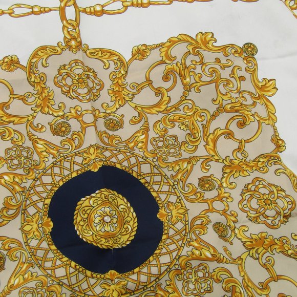 Vintage Silk Scarf Navy Gold Cream - Picture 3 of 3